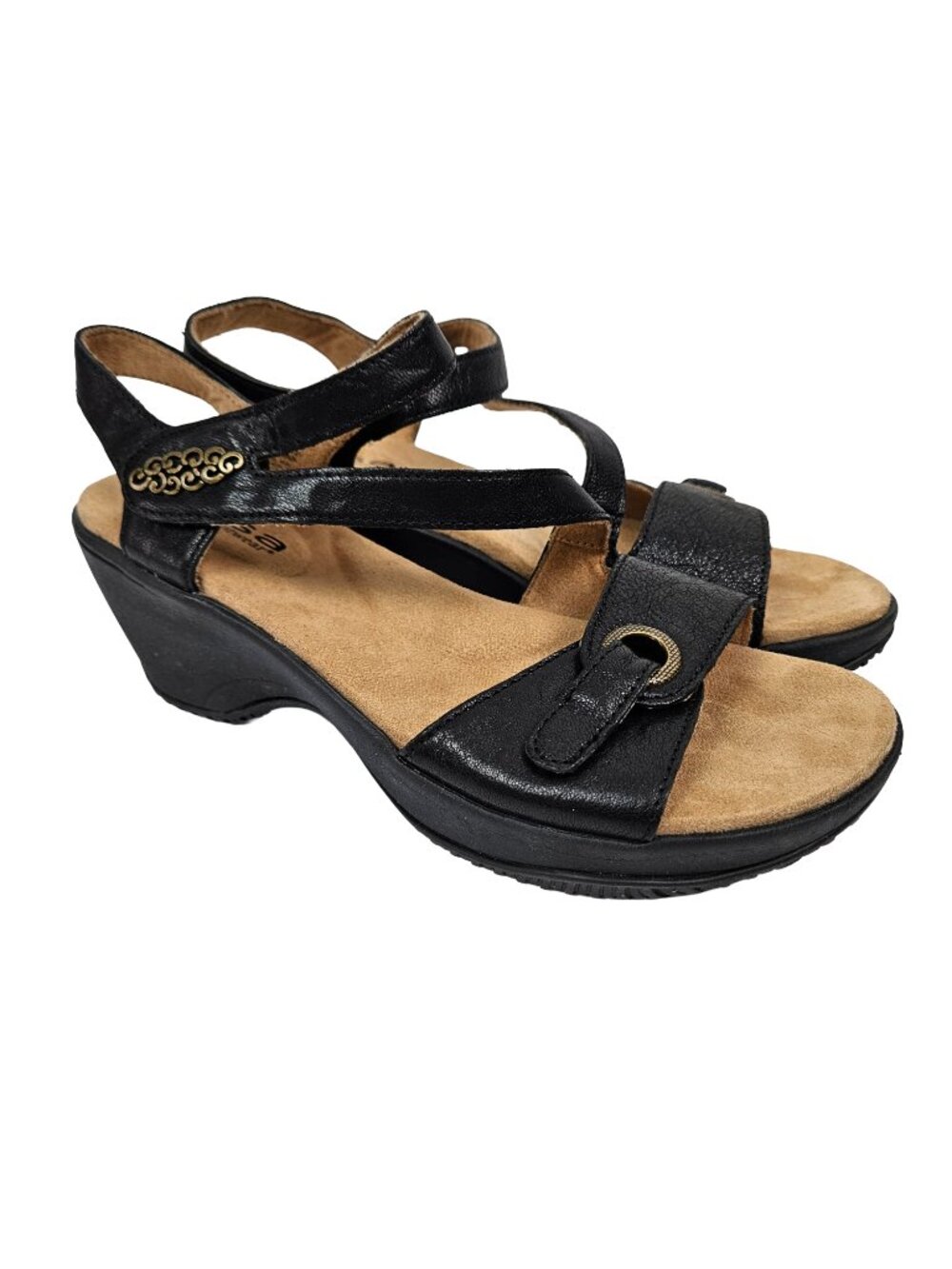 Halsa Footwear Cindy Black Leather Ankle Strap Wedge Heel Sandal 8
